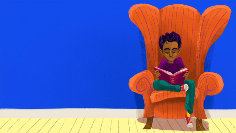 Illustration of boy reading by Erika Meza