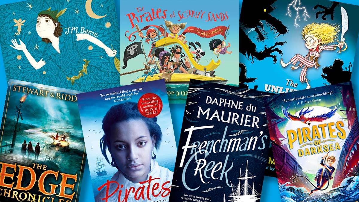 The front covers of Peter Pan, The Pirates of Scurvy Sands, The Unlikely Adventures of Mabel Jones, The Edge Chronicles: Last of the Sky Pirates, Pirates!, Frenchman's Creek, and Pirates of Darksea