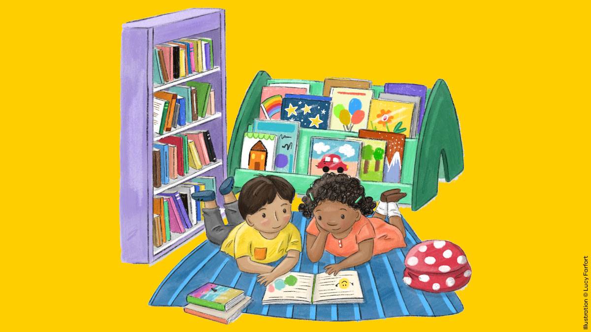 An illustration by Lucy Farfort of two children sharing a book, lying on a rug on the floor, with bookshelves behind them